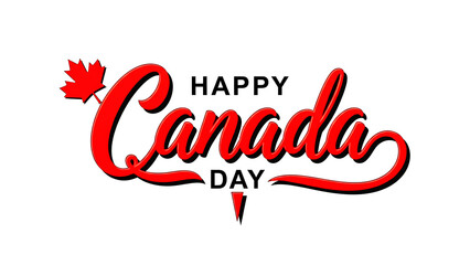 Vibrant red happy canada day calligraphic lettering with maple leaf symbol isolated on transparent background