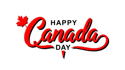 Vibrant red happy canada day calligraphic lettering with maple leaf symbol isolated on transparent background
