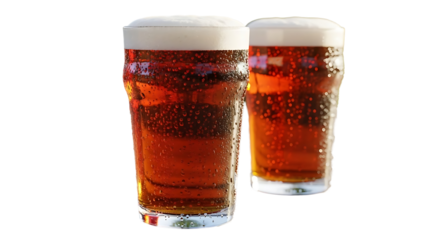 Two glasses of cold amber beer with white foam head and condensation droplets. isolated on transparent background