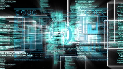 Animation of data moving towards bright hud processing on digital interface - Powered by Adobe