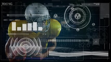 Animation of data processing over african american male rugby player holding a rugby ball
