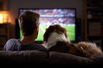 Naklejka na ściany i meble Man and his pet dog watching superbowl on tv on a couch at home, view from back