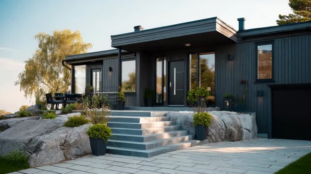 Modern black scandinavian house with steps and greenery