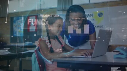 Animation of data processing over schoolgirl with teacher using laptop - Powered by Adobe
