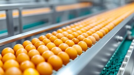 Neatly arranged rows of fresh brown eggs glide along a conveyor belt in a bustling food processing center, symbolizing efficiency and quality. The scene captures the essence of food preparation