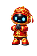 Naklejka premium Cute 3D Robot Character Wearing Traditional Chinese Red and Gold Outfit Greeting for Lunar New Year, AI Mascot for Chinese Spring Festival Isolated on Transparent Background PNG
