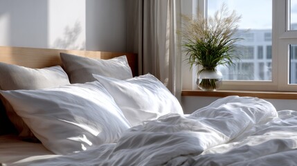 Minimalist bedroom interior with soft white linens and morning sunlight.