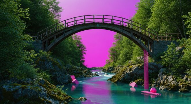Digital Art Bridge Spanning a Surreal River Flowing through a Vibrant Green Forest Ravine with a Retro Pink Sky for Aesthetic Marketing