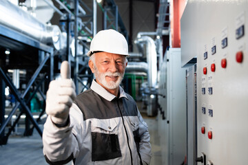 Senior engineer giving thumbs up in industrial plant