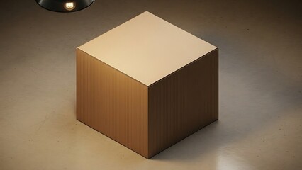A cardboard box standing alone on a dimly lit floor with a single light source above
