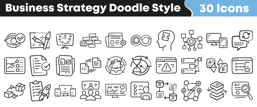 Thirty unique business strategy icons presented in a cohesive doodle sketch style perfect for process planning and development themes