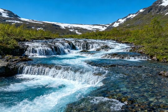 A cascading river flows through a mountainous landscape with snow-capped peaks and lush greenery under a clear blue sky. - Powered by Adobe