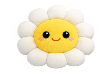 Cute smiling plush daisy flower toy generating happiness and joy, soft kawaii mascot with cheerful expression