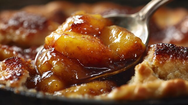 Grilled peach cobbler spoon close-up, syrupy peaches and flaky crust texture, macro food photography, shallow depth of field