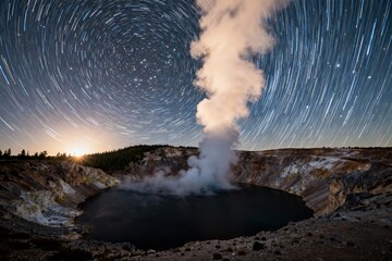 Star trails above a steaming volcanic crater at night
