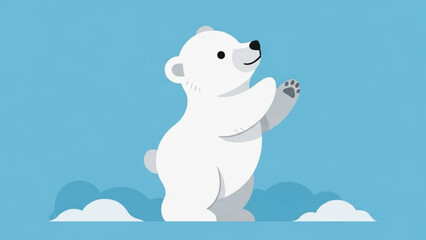 White Polar Bear Standing on Iceberg in Blue Sky with Clouds, Cartoon Style