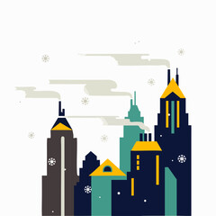 Obraz premium Stylized illustration of a winter cityscape with snow falling and smoke rising from buildings