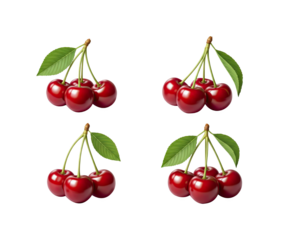 Four Bunches Of Ripe Cherries With Green Leaves On Black Background
