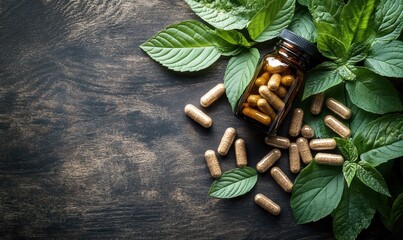 pills of herbal and leaves with bottle on top view of wood table concept in care and healthy strong body for maintaining health