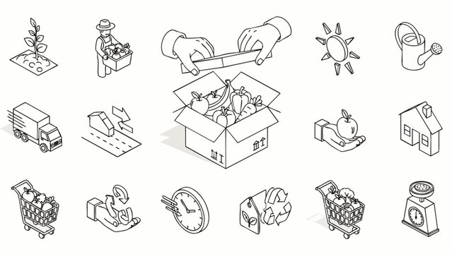 Isometric line art icon set for food delivery, agriculture, sustainable farming, grocery shopping, and healthy eating concepts. Modern vector illustrations.