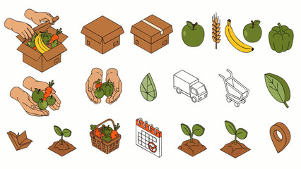 Isometric icons of fresh food delivery, farming, and healthy eating, representing organic produce and sustainable agriculture.