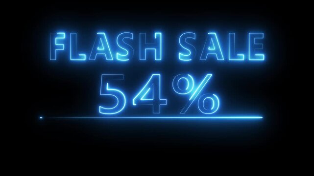 Neon 54% off animation.  Neon discount percentage offer animation. Neon text number animation on black background. 