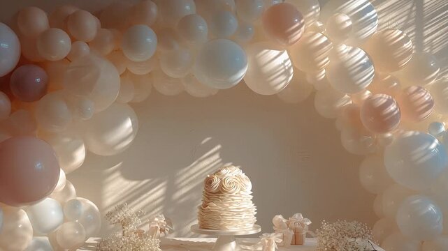 A table with a cake and balloons. The balloons are white and pink. Birthday party setup with balloons and cake, soft shadows, neutral background, refined commercial lifestyle look
