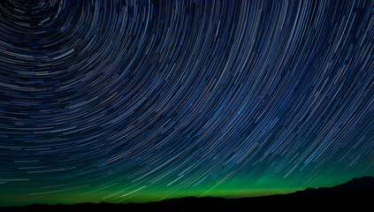 Star trails capture the mesmerizing movement of the night sky over a dark horizon