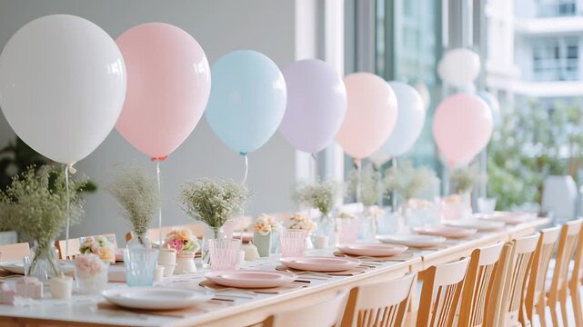 A table with a long white tablecloth. Birthday party setup with clean table arrangement, soft pastel balloons, natural lighting, modern lifestyle editorial style, uncluttered composition