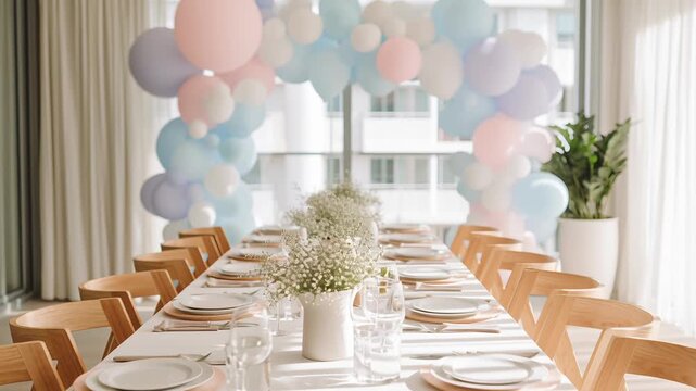 A long dining table set with white plates. Birthday party setup with clean table arrangement, soft pastel balloons, natural lighting, modern lifestyle editorial style, uncluttered composition