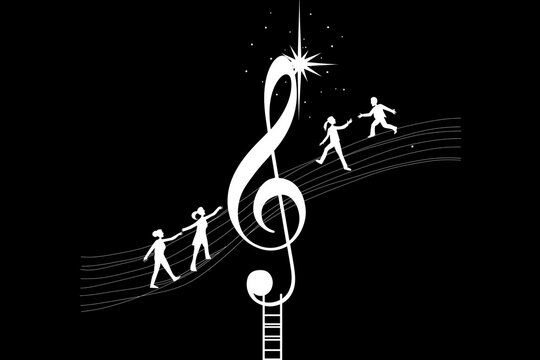 AI generator images of Musical notes and various musical symbols are used, with images of people in different poses placed on the five-line staff to represent the positions of musical notes. 