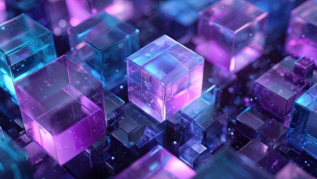 Glowing translucent cubes arranged in a futuristic, abstract grid - Powered by Adobe