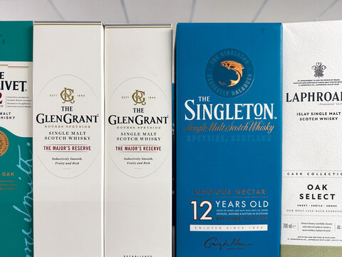 Dnipro, Ukraine &ndash; June 2, 2025: Assorted single malt whiskey boxes on a shelf.