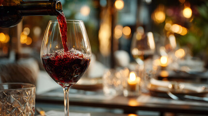Server pouring red wine into glass at restaurant