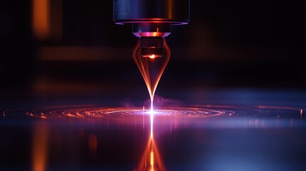 High tech industrial laser engraving metal surface with high precision, generating circular patterns and emitting intense light, showcasing advanced manufacturing technology