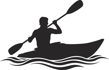 Stylized Kayaker Silhouette on Water Waves with Paddle, Bold Contrast, One-Panel Outdoor Adventure and Water Sports Vector Illustration