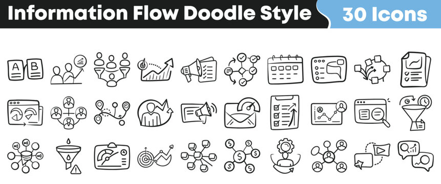 Collection of thirty hand drawn doodle style icons representing various concepts related to information flow, data processing, and business strategy execution.