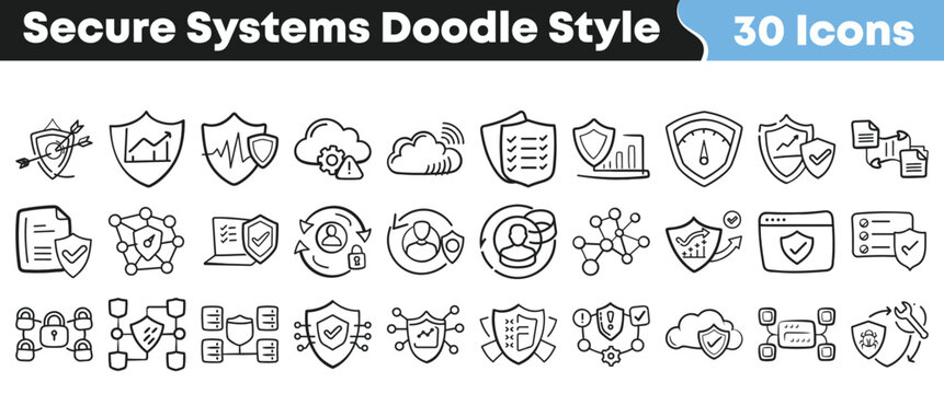 Collection of thirty hand drawn doodle style icons representing various aspects of secure systems data protection and network defense concepts.