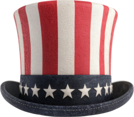 Uncle Sam style top hat with red white stripes and blue star band, festive patriotic mood