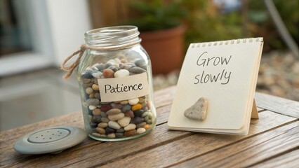 Glass jar filled with colorful pebbles labeled Patience next to a notepad with the words Grow slowly on a wooden table