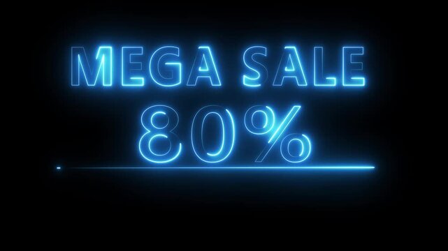 Neon 80% off animation.  Neon discount percentage offer animation. Neon text number animation on black background. 