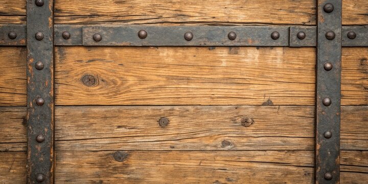 Closeup of an old wooden chest with reinforced metal straps and rivets, showcasing a vintage, piratelike aesthetic and sturdy construction