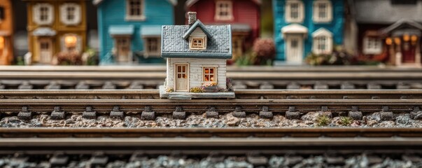 Obraz premium Miniature house sits on railroad tracks with colorful houses behind