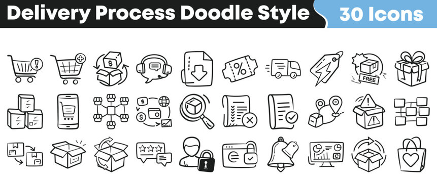 Collection of thirty hand drawn doodle style icons representing various stages and elements of the entire delivery process flow