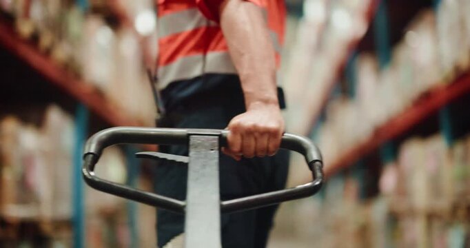 Warehouse, delivery and hands with pallet truck, loader and restock for goods distribution and pull. Moving, cargo and person with equipment for supply chain in factory, merchandise and shipping