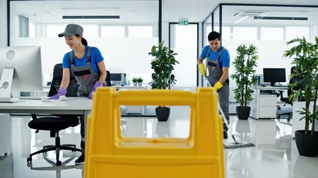 Office Cleaning in Progress: Professional cleaning staff diligently maintaining a spotless and organized office environment, highlighting dedication to cleanliness and workplace hygiene.