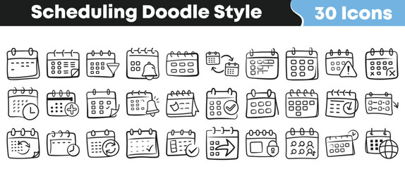 Collection of thirty hand drawn doodle style calendar icons representing various scheduling tasks deadlines and time management concepts