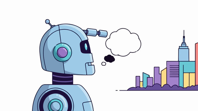 A blue robot contemplates a colorful city skyline, with a thought bubble