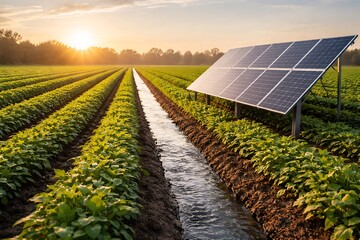 Solar-Powered Smart Agriculture Field at Sunrise with Irrigation Channel, Renewable Energy Panels Supporting Sustainable Farming and Eco-Friendly Food Production