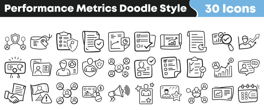 Collection of thirty hand drawn doodle style icons representing crucial business performance metrics and evaluation concepts for reports.